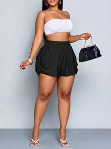 SOLERSUN Plus Size Women's Solid Color Side Tie Pocket Casual Shorts - Black - View 4