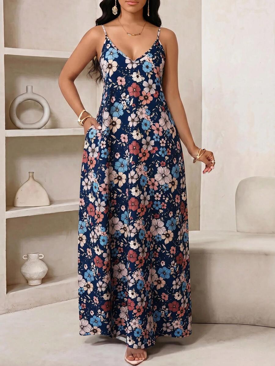 SHEIN Lady 藍色女款波西米亞風露背寬鬆長洋裝 - 藏蓝色 - 查看 1
