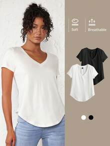 SHEIN BASICS Women Solid V-Neck Short Sleeve Casual Top, Everyday Wear Tops For Women White Tops - White - View 7