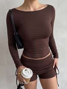 Glamine Women's Solid Chocolate Brown Ribbed Knit Two Piece Outfit, Minimal Y2K Off Shoulder Top With Double Side Drawstring Ruched Shorts Graduation Season. - Brown - View 8
