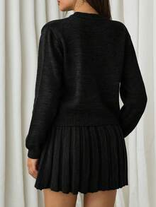 EURMUSE Women Solid Color Front Button Cardigan Pleated Sweater Skirt Set Office Tea Party Black Winter Elegant French - Black - View 2