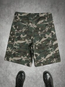 Manfinity EMRG Men's Camouflage Pattern Rhinestone Decorated Casual Denim Cargo Shorts - Army Green - View 2