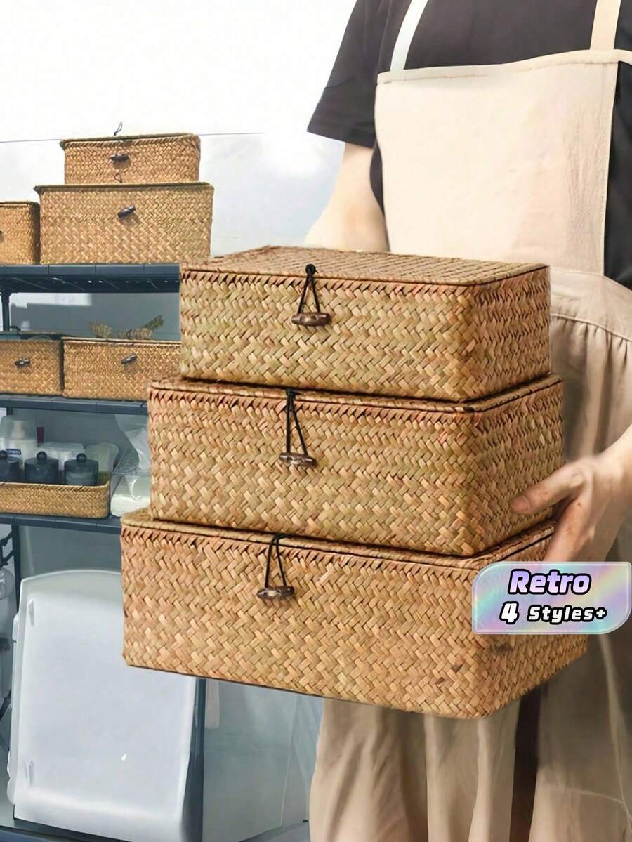 1 件北欧风格手工编织海草收纳盒,带盖,创意节省空间的收纳盒,适用于化妆品、桌面文具、衣服、玩具、浴室、卧室、客厅、宿舍、办公桌、零食和珠宝。适用于架子、抽屉、桌面、壁橱、游戏室、教室、办公室和返校用品。 - 咖啡棕 - 查看 1