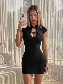 SHEIN ICON 女士纯色镂空扭结修身优雅迷你连衣裙 - 黑色 - 查看 2