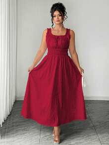 Elenzga Damen-Sommerkleid in Große Größen, A-Linie, quadratischer Ausschnitt, Jacquard, geraffte Taille, ärmellos, mit Schleife, elegant, vintage, romantisch, für Hochzeitsgast, Party und Urlaub, Burgunderrot - Bordeaux - Übersicht 4
