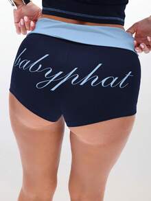 BABYPHAT Fold Over Waist Booty Shorts With Logo Script Print And Contrast Waistband Detail - Navy Blue - View 5