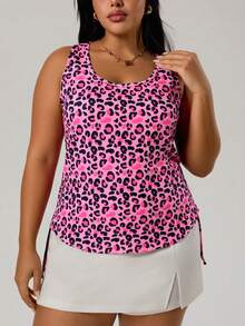 SHEIN Rhythm Era Women's Plus Size Leopard Print Round Neck Side Drawstring Sports Tank Top - Hot Pink - View 4