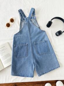 Girls' Summer Washed Comfortable Street Outdoor Fashion Campus Style Denim Decor Loose Soft Premium Cotton Fabric Mid-Blue Washed Denim Overall Shorts - Medium Wash - View 2