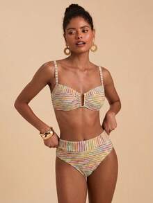 Travachic Women's Summer Beach Colorblock Spaghetti Strap Bikini & Triangle Bottom Two-Piece Swimsuit Set - Multicolor - View 4