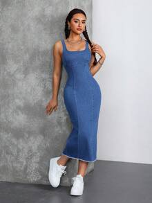 SHEIN Tall 女款方領露肩修身彈性牛仔中長洋裝，適合派對與節日，適合高個女性 - 藍色 - 查看 6