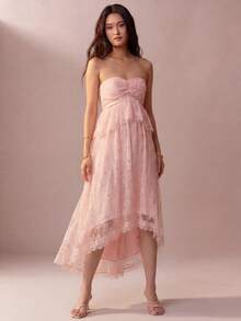 Willow Rêve Women's Light Pink Lace Bandeau Ruffle Hem High-Low Maxi Dress, Romantic Elegant Wedding Style, Bohemian, Birthday Party Date Holiday Summer - Pink - View 2