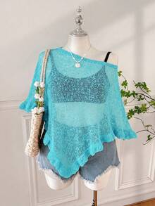 SHEIN EZwear 夏季外出約會披風，咖啡棕色，荷葉邊飾，半透，休閒，鉤編，女款大尺碼 - 水鴨藍 - 查看 6