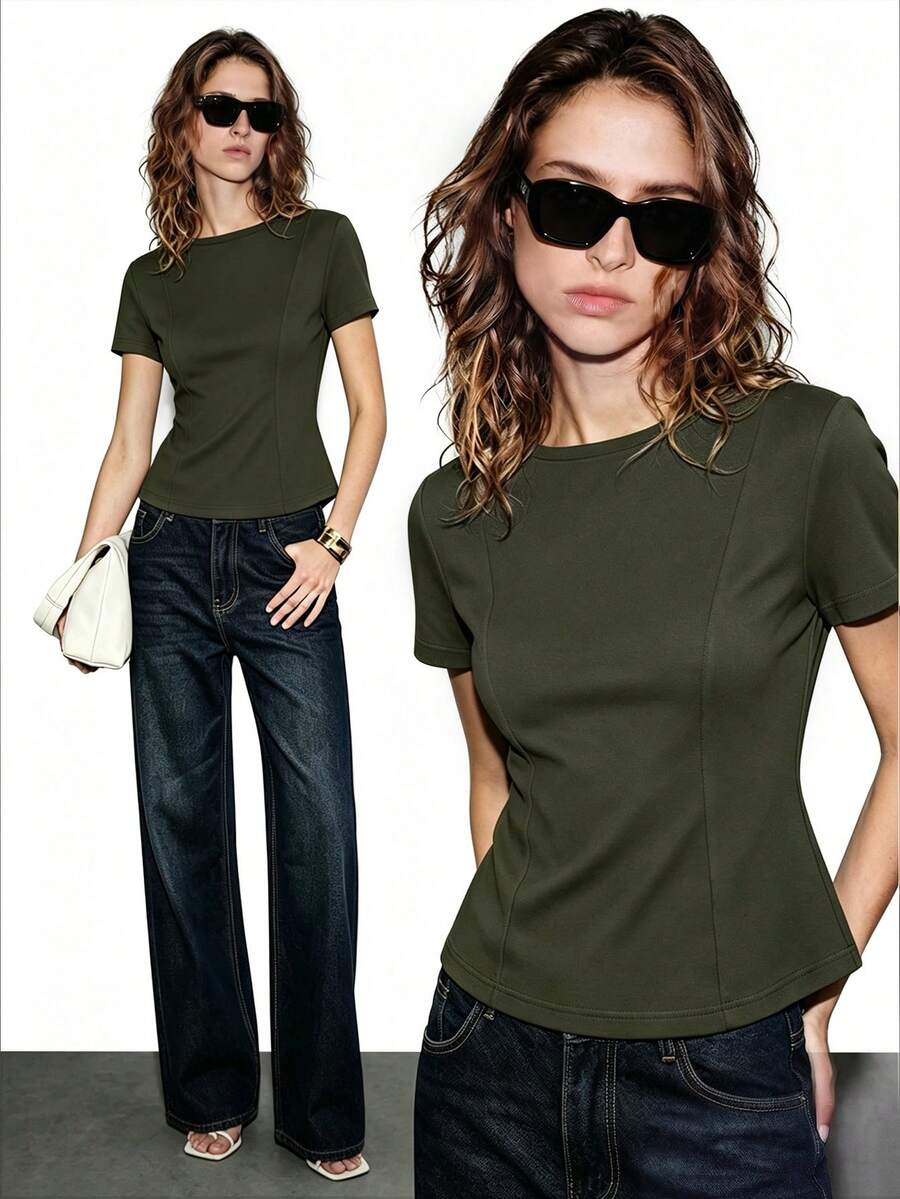 Lumivelle Kaos Wanita Regular Warna Polos dengan Elastisitas Tinggi, Kerah Bulat, Lengan Pendek, Pinggang Terikat, Hem Bergelombang, Potongan A-Line, Kasual, Elegan, Minimalis, Romantis, Cocok untuk Perjalanan, Musim Semi/Panas