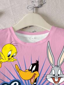 LOONEY TUNES X SHEIN 青少年女孩字母卡通印花短袖休閒T恤 - 白色 - 查看 3