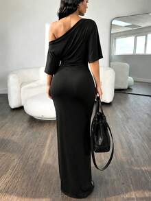 Rovax Sexy Asymmetric Neck Ruched Waist Bodycon Long Dress For Women - Black - View 2
