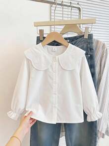 SHEIN Elladie kids 女童優雅刺繡蕾絲花瓣領公主長袖鈕扣式單排扣休閒時尚公主襯衫，適合學校、度假、旅行、生日派對、禮物、春季與秋季 - 白色 - 查看 4