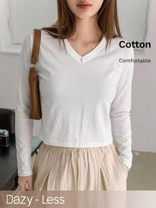 Dazy-Less Spring/Autumn Casual Versatile Solid Color Long Sleeve T-Shirt - White - View 1