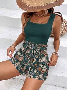 SHEIN Frenchy 女款純色背心與花卉印花短褲休閒兩件套 - 綠色 - 查看 6