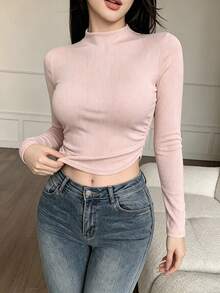 Modelyn Women's Pink Semi-High Neck Long Sleeve Slim Fit T-Shirt, Comfortable Inner Layer For Spring And Autumn, Suitable For Outings Going Out Sexy - Green - View 5