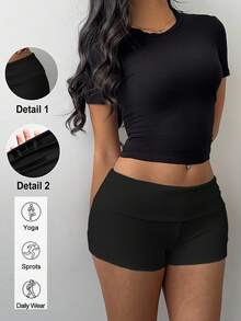 SHEIN BASICS 女款素色針織低腰緊身運動短褲，性感夏季女款 - 黑色 - 查看 8