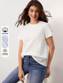 SHEIN BASICS 運動純色圓領短袖T恤夏季女款短版上衣女上衣白色上衣 - 白色 - 查看 7