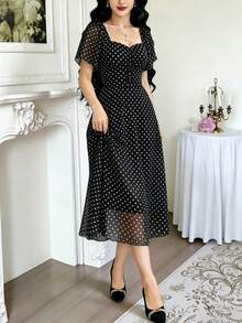 Modelyn Polka Dot Print Fashion Square Neck Pleated Flutter Sleeve Design Women's Minimalist Midi Dress, Summer Waist-Defining Long Elegant Dress, Black Polka Dot Pattern White Chiffon Skirt, Suitable For Summer Vacation, Daily Wear - Multicolor - View 4