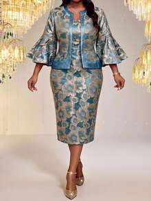 Fleurora Plus Size Elegant Formal Evening Wedding Jacquard Bell Sleeve Blouse And Dress Two Pieces Set Dusty Blue Autumn Fall - Blue - View 6