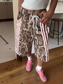 Muchica 針織寬腿百慕大短褲，純色極簡休閒日常穿搭，女款休閒對比條紋寬腿運動褲，蛇紋印花，街頭風，2025新款復古，女款休閒褲，適合日常街頭穿搭，夏季長褲，適合日常通勤、約會、派對，秋冬夏三季，派對、婚禮、海灘 - 彩色 - 查看 3