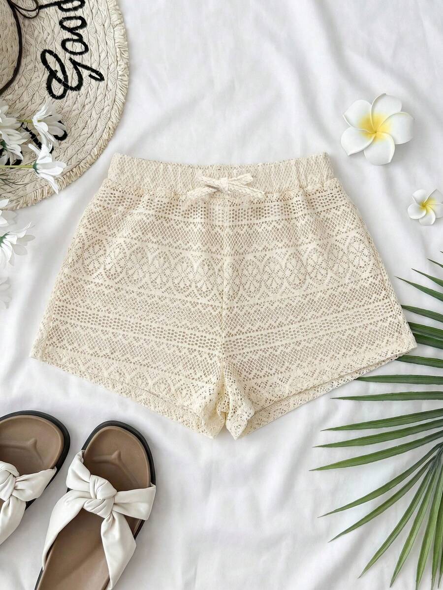 SHEIN Teen Girl Solid Color Jacquard Wavy Hem Hollow Out Casual Shorts,Kids - Apricot - View 1