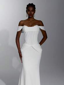 Elitara Elegant Luxurious Satin Off-Shoulder Ruched Bust Fan-Shaped Waist Pleats Flattering Belly Bodycon Mermaid Tail Long Skirt Style, Suitable For Wedding Ceremony, Celebration, Red Carpet Event, Luxury Reception And Evening Party, Outdoor Forest Beach, Multi-Occasion Bridal Gown, Wedding Dress, Wedding Guest Dress, Long Gown - White - View 8