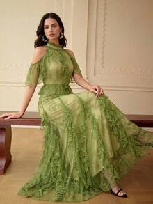 ZEYLAH Spring/Summer Lace Patchwork Ruffle Off-Shoulder Dress - Green - View 6