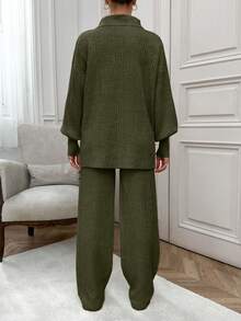 EURMUSE Rib Pattern Polo Neck Sweater And Pant 2pcs Set Everyday Olive Green Autumn Minimalist Casual - Army Green - View 2