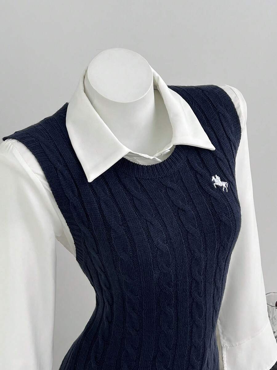 Elamini Minimalist Cute Sweet Women's Autumn Round Neck White Navy Blue Cable Knit Ruffle Hem Sweater Dress Back-To-School Everyday School - Royal Blue - View 1