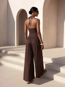 SHEIN x Rafa Kalimann Zivah Women's Solid Color Draped Neck Cowl Neck Fashion Jumpsuit For Vacation - Brown - View 3
