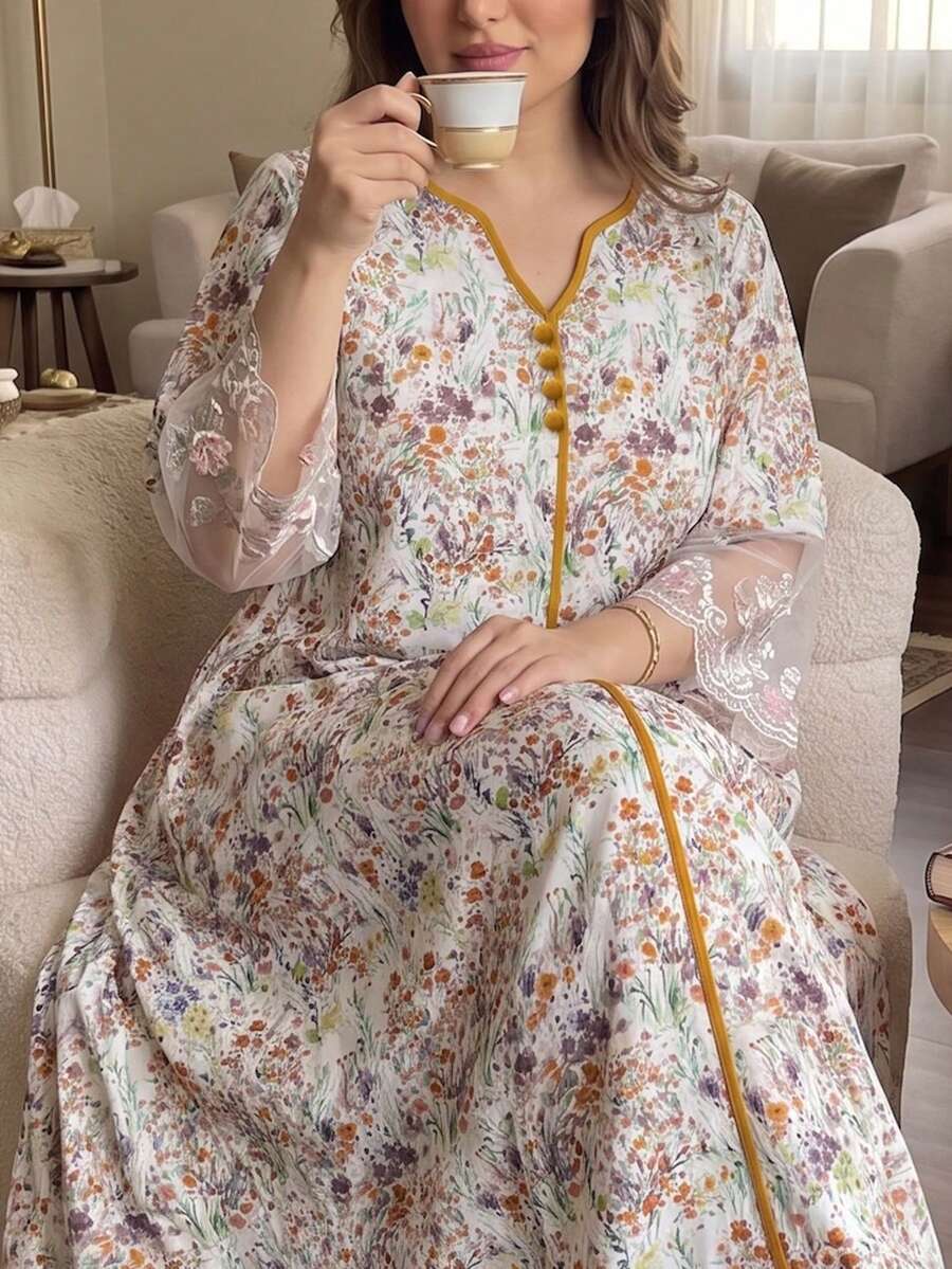 Al Najma Plus Size Women's Arabian Dress Loose Fit 3/4 Sleeve With Chiffon Patchwork Cuff, Suitable For Summer Daily Wear - Yellow - View 1