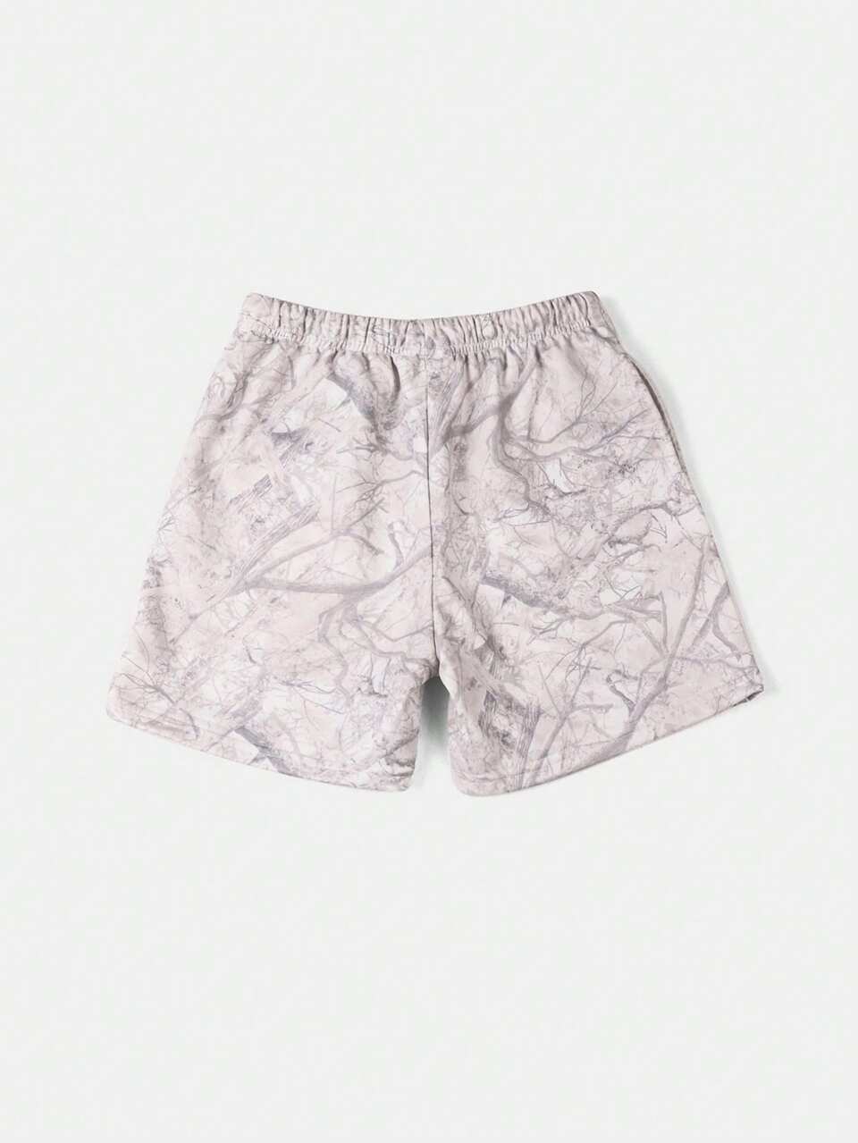 Shorts com Cintura Elástica e Cordão para Meninos com Estampa de Galhos de Árvore em Toda a Peça e Detalhe de Logotipo, Roupa Casual de Verão