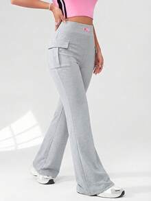 SHEIN EZwear 女士灰色休闲针织喇叭裤 女士休闲裤 女士正装裤 女士长裤 女士毛衣裤 女士阔腿裤 高腰 - 灰色 - 查看 3