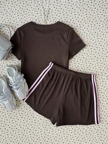 Teen Girl Casual Contrast Pink Tape Solid Brown Knit Set Shorts Summer Outfits 2 Pcs Sets - Brown - View 4