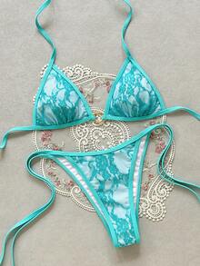 Swim Vcay 女款夏季海灘花卉刺繡圖案掛脖綁帶性感比基尼三角褲兩件式泳衣套裝 - 淺藍色 - 查看 1