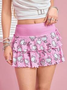HELLO KITTY AND FRIENDS | SHEIN Rok Wanita Motif Kartun Kasual Serbaguna Model Kue - Baby Pink - View 1