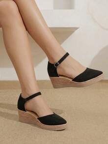 Styleloop Sandalias de mujer estilo bohemio con cuña de paja y cuerda de cáñamo, punta fina, plataforma retro, botón y tacón alto tipo romano - Negro oscuro - Ver 7