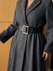 MOTF PREMIUM WOMEN'S PLUS SIZE AUTUMN/WINTER LAPEL CINCHED WAIST WIDE LEATHER BELT SLIMMING OVERCOAT - Dark Grey - View 2