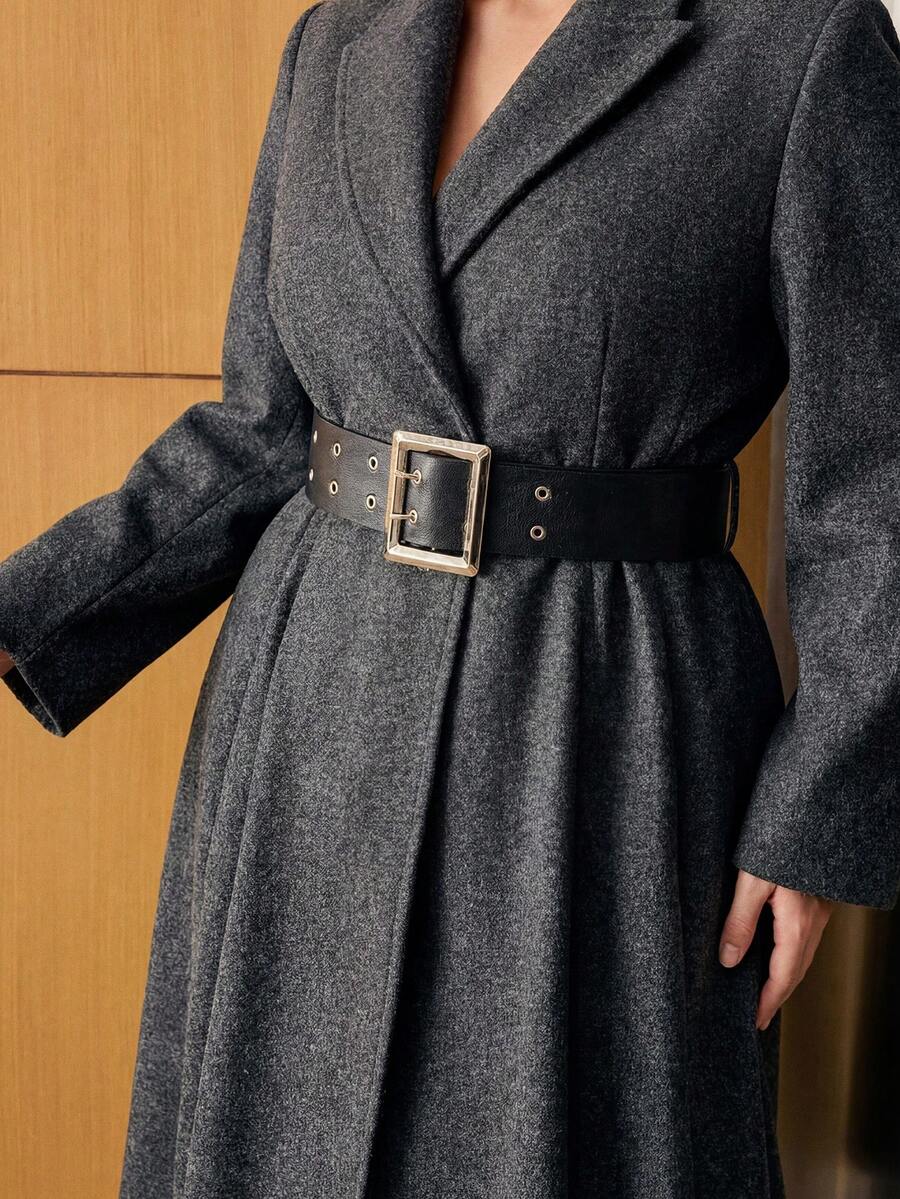 MOTF PREMIUM WOMEN'S PLUS SIZE AUTUMN/WINTER LAPEL CINCHED WAIST WIDE LEATHER BELT SLIMMING OVERCOAT - Dark Grey - View 2