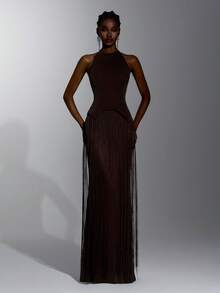 Elitara Elegant Black Stretch Fabric V-Neck Tassel Decor Bustier Mermaid Skirt Party Evening Gala Dinner Vow Dress Wedding Guest Bachelorette Formal Winter - Coffee Brown - View 1
