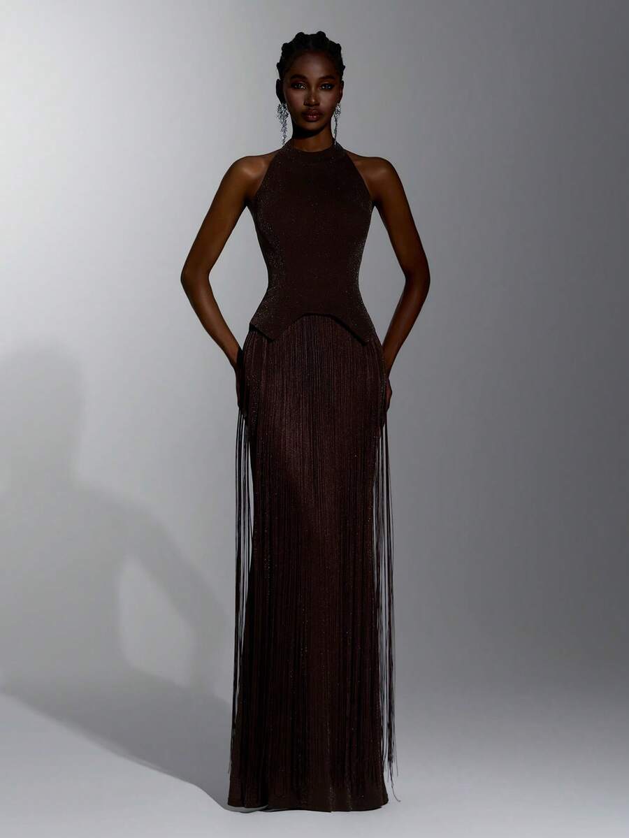 Elitara Elegant Black Stretch Fabric V-Neck Tassel Decor Bustier Mermaid Skirt Party Evening Gala Dinner Vow Dress Wedding Guest Bachelorette Formal Winter - Coffee Brown - View 1