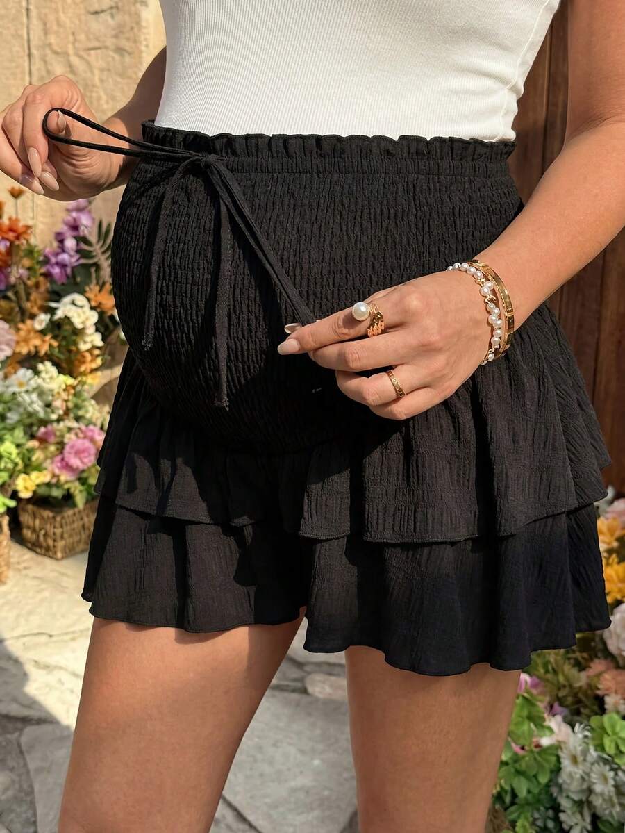 SHEIN Maternity Solid Color Vacation Shirred Design Ruffle Hem Skort - Black - View 1