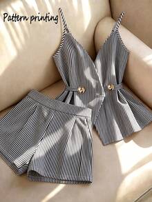 GlowEve CURVE Women's Striped Camisole Top And Shorts Casual Daily Set - Black and White - View 1