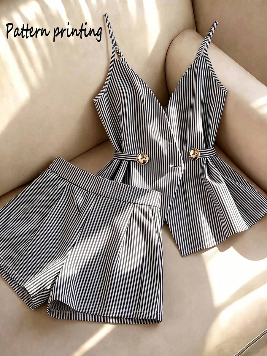 GlowEve CURVE Women's Striped Camisole Top And Shorts Casual Daily Set - Black and White - View 1