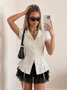 SHEIN ICON Y2K 女款西式鄉村音樂會波希米亞嬉皮風米色哥德式夏季休閒蕾絲飾邊襯衫 - 白色 - 查看 11