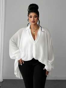 Maweii Plus Size Casual Loose V-Neck White Design Asymmetrical Hem Women's Blouse Fall - White - View 1